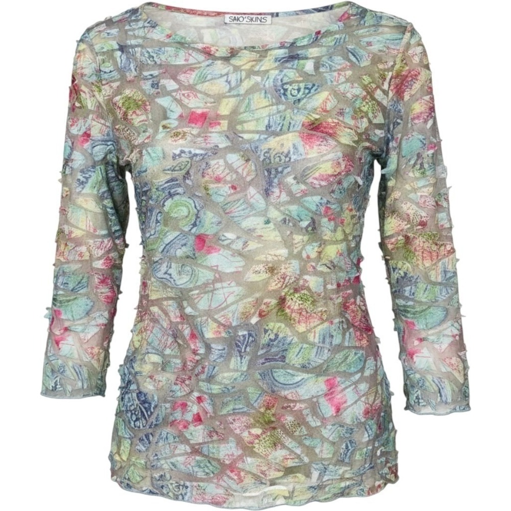 SnoSkins Mosaic Top Women XL Sheer Mesh Abstract 3/4 Sleeve Art water colors